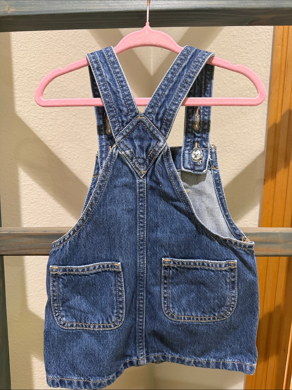 Old Navy Dark Blue Denim Overall Dress with Floral Embroidery - Picture 3 of 4